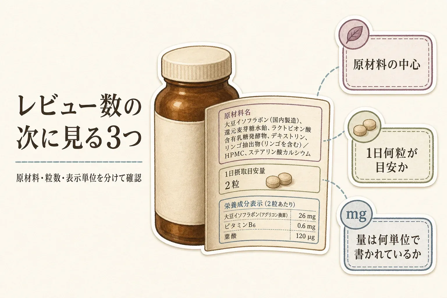 レビュー数の次に確認する3つの表示を示す図。サプリメントのラベルを例に、原材料の中心、1日何粒が目安か、量が何単位で書かれているかを分けて確認する。