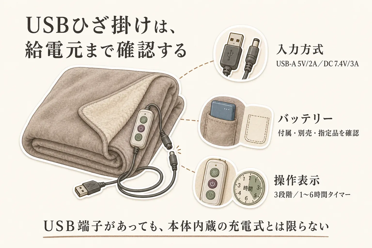 USBひざ掛けは給電元まで確認することを示す図。入力方式はUSB-A 5V/2AまたはDC 7.4V/3A、バッテリーは付属・別売り・指定品を確認し、操作表示は3段階調節と1〜6時間タイマーを確認する。本体にUSB端子があっても内蔵充電式とは限らない。