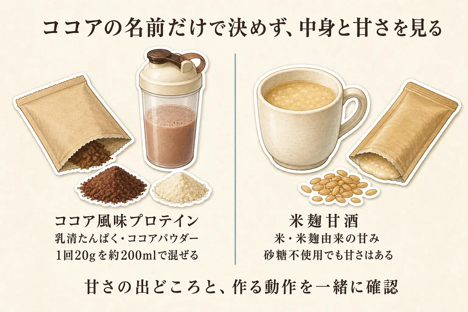 ココアの名前だけで決めず中身と甘さを見る図。ココア風味プロテインは乳清たんぱく・ココアパウダーを含み1回20gを約200mlで混ぜ、米麹甘酒は米・米麹由来の甘みがあり砂糖不使用でも甘さがあることを示し、甘さの出どころと作る動作を一緒に確認するよう案内している。