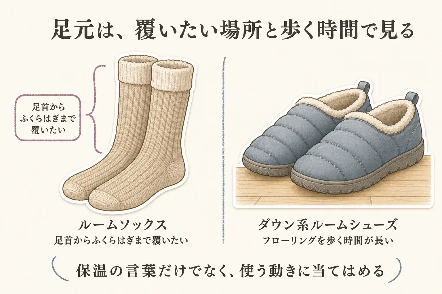 入浴後から就寝前の足元選びを示す図。足首からふくらはぎまで覆いたい場合はあったかルームソックス、フローリングを歩いて足裏からの冷えを避けたい場合はダウン系ルームシューズを選び、履く時間と歩く量で比較することを示している。