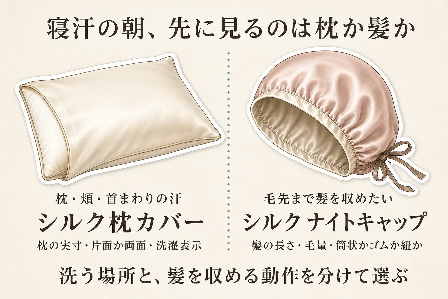 寝汗の朝に先に見るものを選ぶ図。枕・頬・首まわりの汗が気になる場合は、枕の実寸・片面か両面か・洗濯表示を確認してシルク枕カバーを選び、毛先まで髪を収めたい場合は、髪の長さ・毛量・筒状かゴムか紐かを確認してシルクナイトキャップを選ぶことを示す。