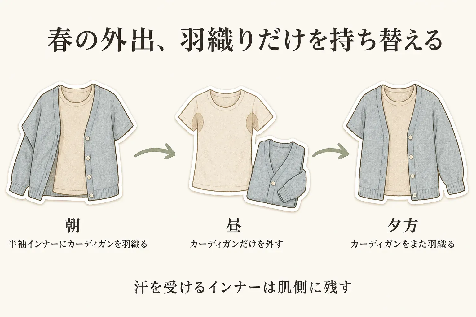 春の外出で羽織りだけを持ち替える流れを示す図。朝は半袖インナーにカーディガンを羽織り、昼はカーディガンだけを外して汗を受けるインナーを肌側に残し、夕方はカーディガンを再び羽織る。