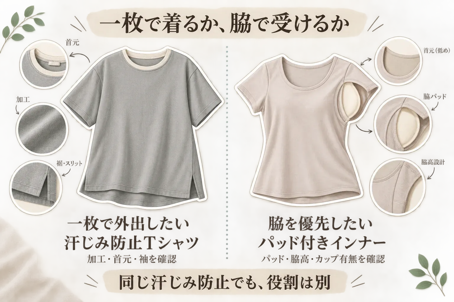一枚で外出したい人向けの汗じみ防止Tシャツと、脇を優先したい人向けのパッド付きインナーの役割を比較する図。Tシャツ側は加工・首元・裾を、インナー側は低い首元・脇パッド・脇高設計・カップの有無を確認することを示している。